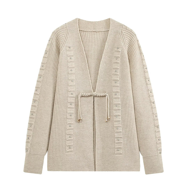 Damen Grobgestrickter Longcardigan mit Ziersteinen und Kordelbindung Echo Archiv