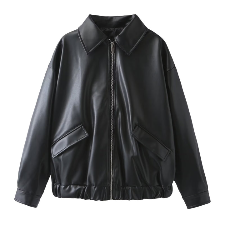 Damen Oversized Kunstleder-Bomberjacke mit Reißverschluss, Pattentaschen und elastischem Saum Echo Archiv