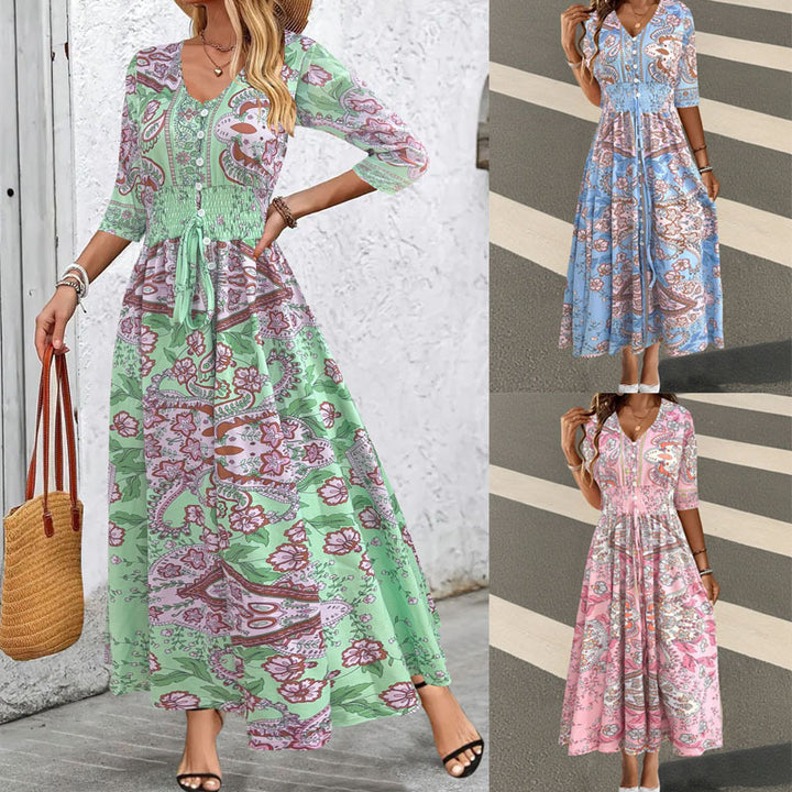 Damen Boho-Maxikleid mit V-Ausschnitt, Knopfleiste und Smokbund Echoarchiv