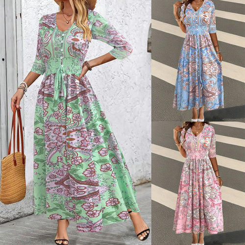 Damen Boho-Maxikleid mit V-Ausschnitt, Knopfleiste und Smokbund Echoarchiv