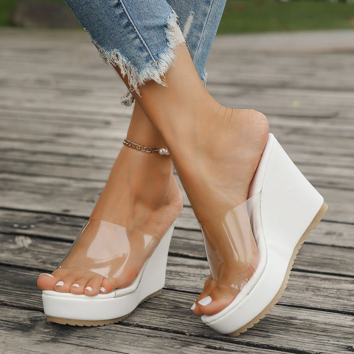 Damen nan transparente Mules mit PVC-Deckriemen, hohem Keilabsatz und rutschfester Laufsohle Echo Archiv