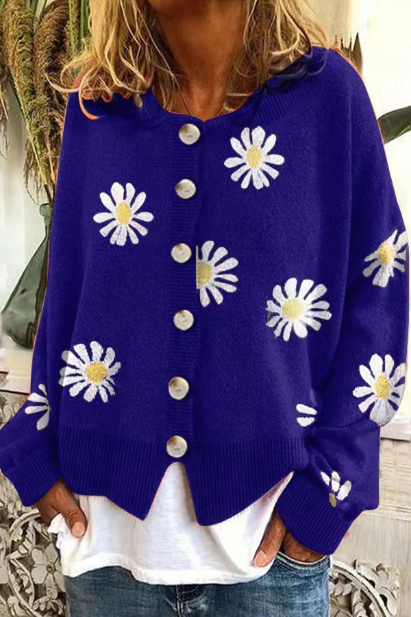 Damen Oversize Strickcardigan mit Knopfleiste und Gänseblümchen-Print Echo Archiv
