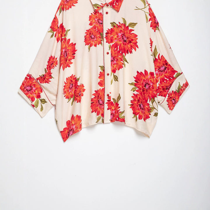 Damen Oversize-Hemdbluse mit großflächigem Blumenprint, Reverskragen und durchgehender Knopfleiste Echoarchiv