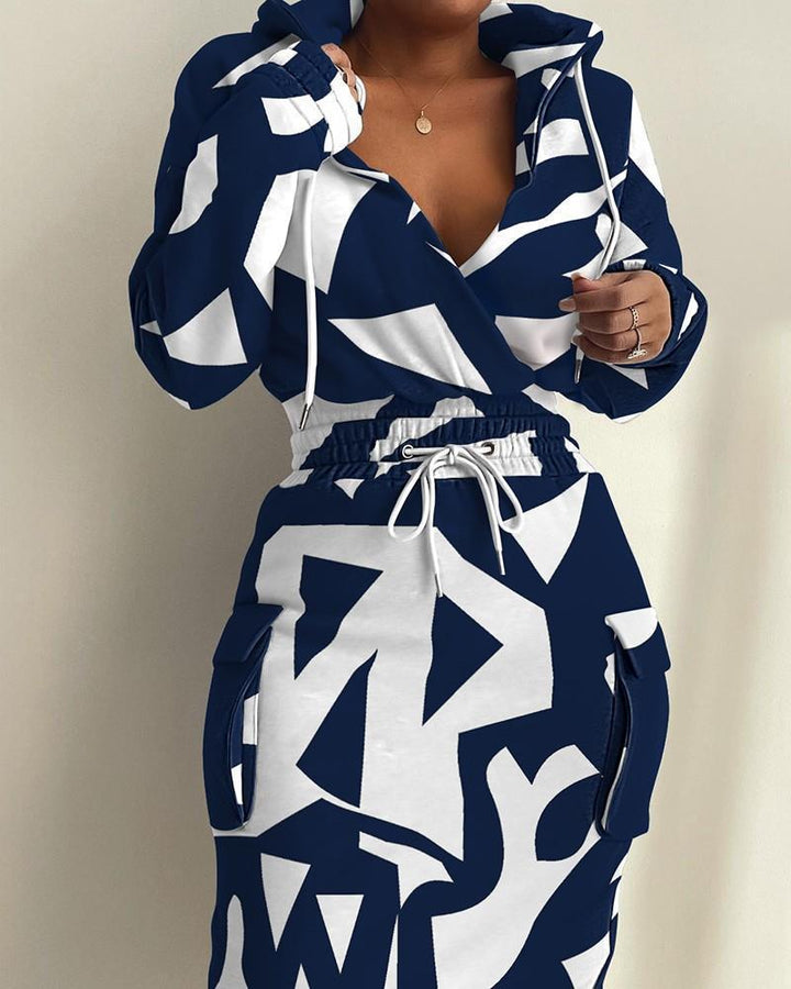 Damen Kapuzen Sweatkleid mit V-Ausschnitt, Kordelzug-Taille und Cargo-Taschen Echoarchiv