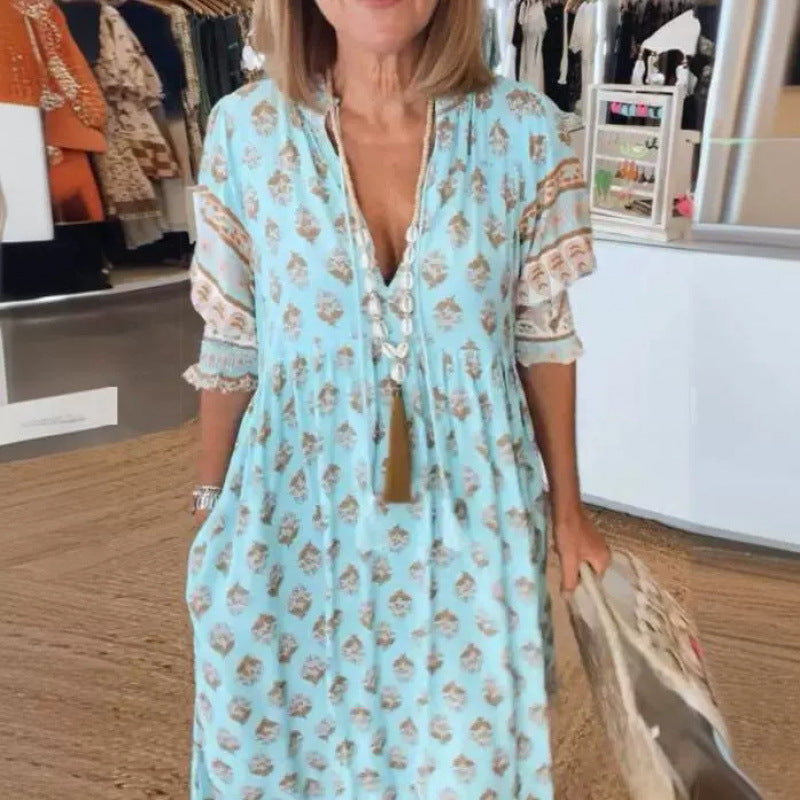 Damen Boho-Stil Kleid mit geflochtener Schnürung und handgefertigten Details Echoarchiv