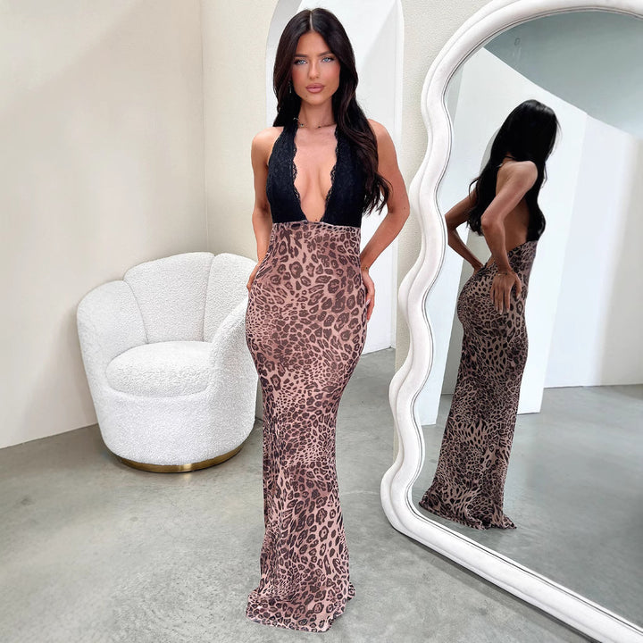 Damen Elegantes Leoparden-Maxi-Kleid mit tiefem V-Ausschnitt und raffinierten Spitzenbesätzen Echo Archiv