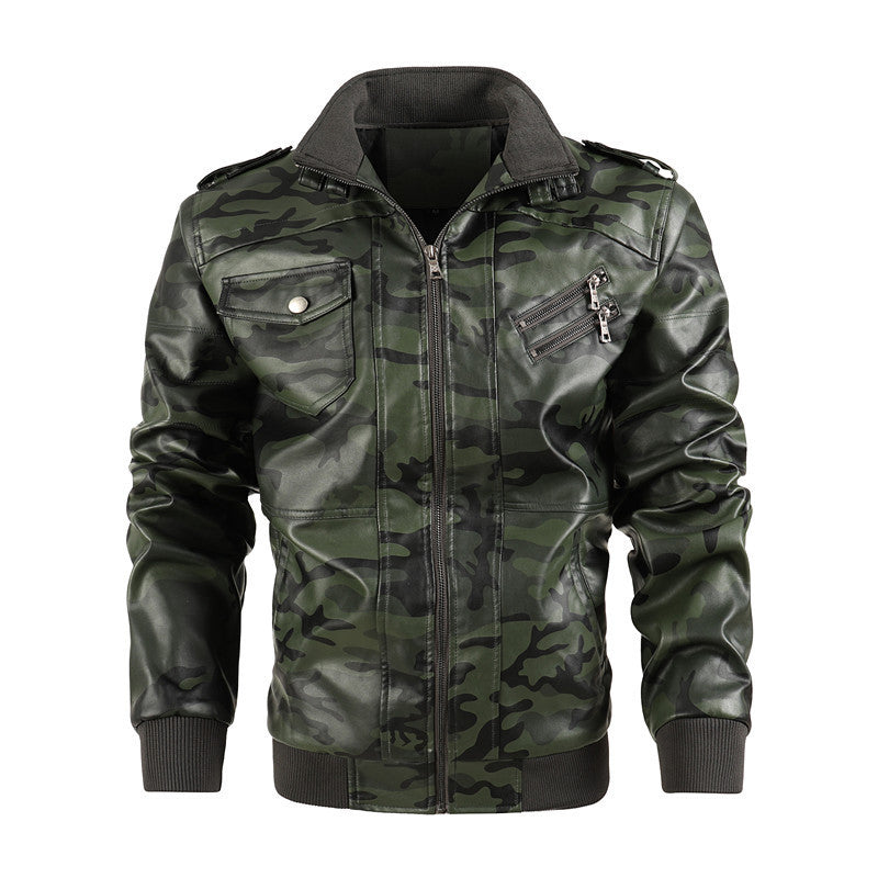 Herren Camouflage Kunstleder Biker-Blouson mit Schulterklappen, Reißverschluss‑Detail und Rippbündchen – Taviero