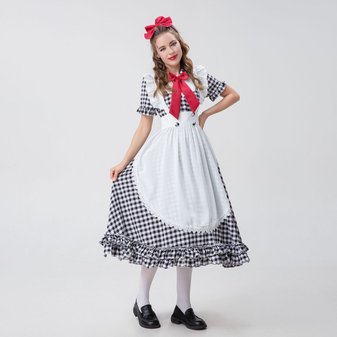 Damen nan Vintage-inspiriertes Karo-Swingkleid mit abnehmbarer Schürze, Rüschenärmeln und Schleifenkragen Echo Archiv