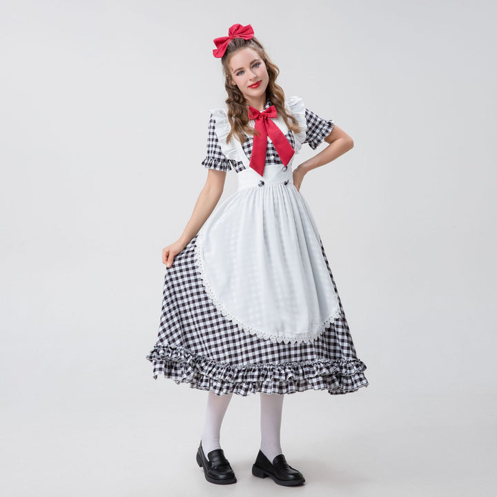 Damen nan Vintage-inspiriertes Karo-Swingkleid mit abnehmbarer Schürze, Rüschenärmeln und Schleifenkragen Echo Archiv
