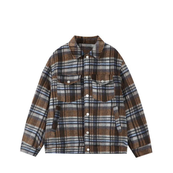Damen Kurz geschnittene karierte Overshirt‑Jacke aus Wollmix mit Druckknopf‑Front und Pattentaschen Echoarchiv