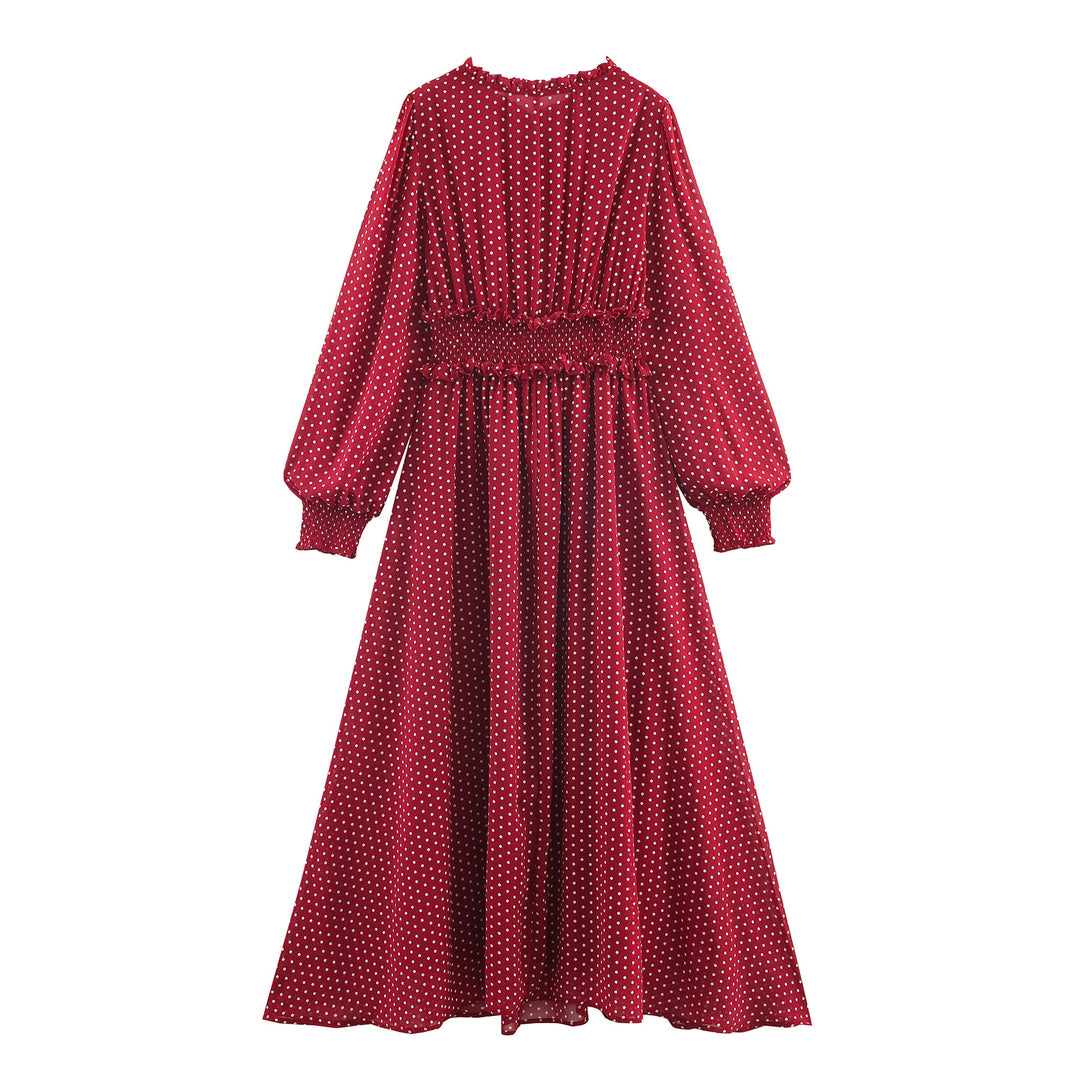 Damen Midikleid mit Smok-Taillenband, Rüschenkragen und Ballonärmeln – Élara