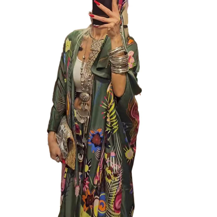 Damen nan extravagantes Maxi-Kaftan-Zweiteiler mit weitem Kimonoärmel, ausgestellter Palazzohose und ausdrucksstarkem Floralprint Echo Archiv
