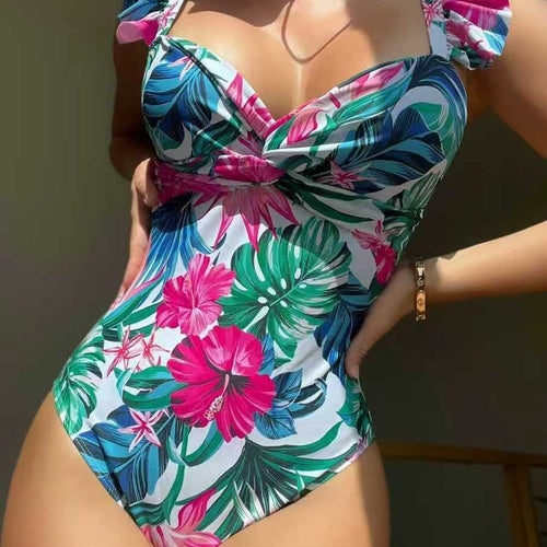 Damen Einteiler Badeanzug mit floralem Design und Rüschen Echo Archiv