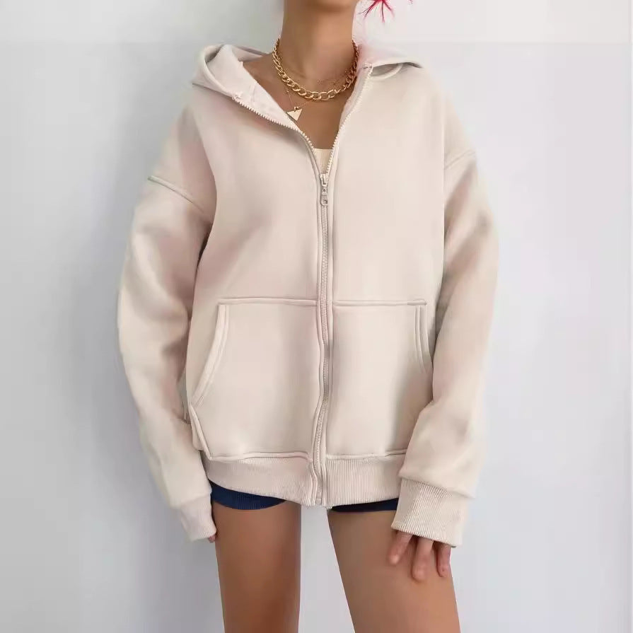 Damen nan minimalistisches French-Terry Zip-Hoodie mit durchgehendem Reißverschluss, Kängurutasche und Daumenloch-Ärmeln Echo Archiv