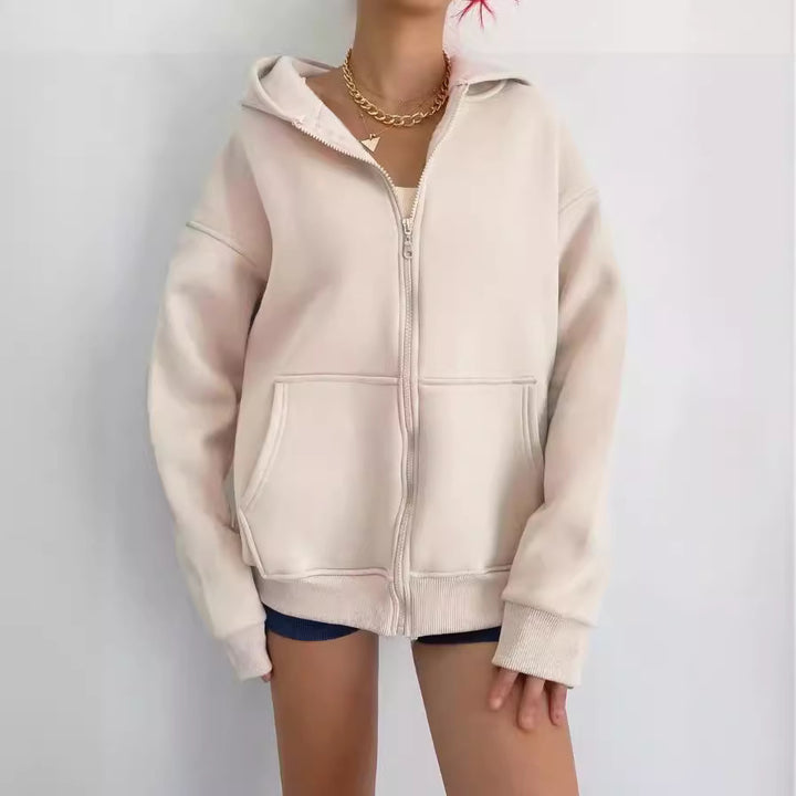 Damen nan minimalistisches French-Terry Zip-Hoodie mit durchgehendem Reißverschluss, Kängurutasche und Daumenloch-Ärmeln Echo Archiv