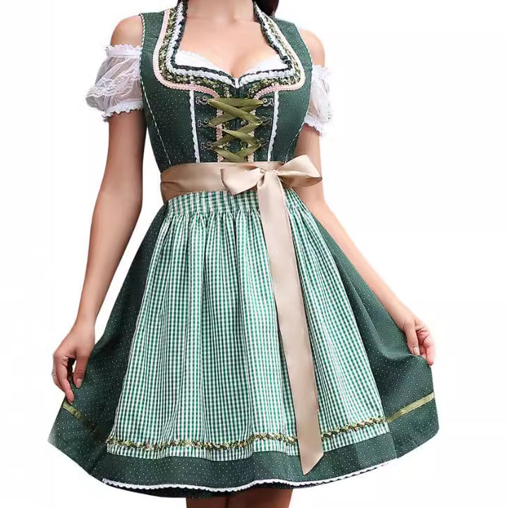 Damen traditionelles Dirndlkleid mit Spitzenärmeln Miederkorsage und geraffter Schürze – Élara