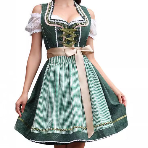 Damen traditionelles Dirndlkleid mit Spitzenärmeln Miederkorsage und geraffter Schürze – Élara
