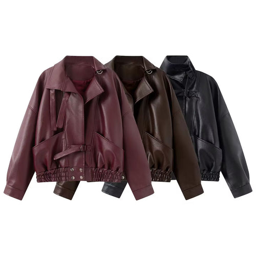 Damen Oversize Lederimitat-Bomberjacke mit elastischem Saum und Taillengürtel Echo Archiv