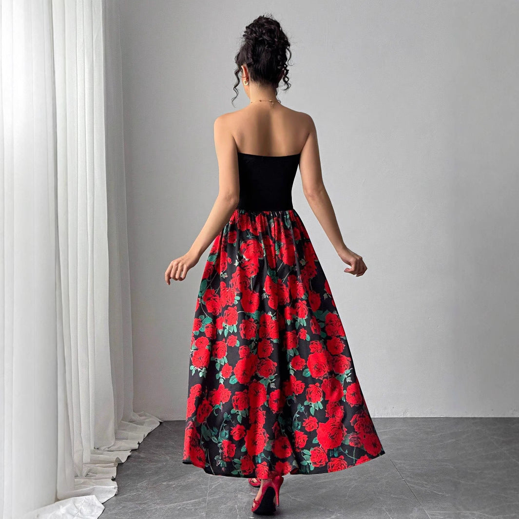 Damen nan trägerloses Maxikleid mit figurbetontem Bandeau-Oberteil und ausgestelltem Rosen-Print-Rock Echo Archiv