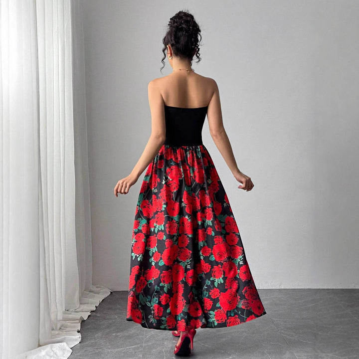 Damen nan trägerloses Maxikleid mit figurbetontem Bandeau-Oberteil und ausgestelltem Rosen-Print-Rock Echo Archiv