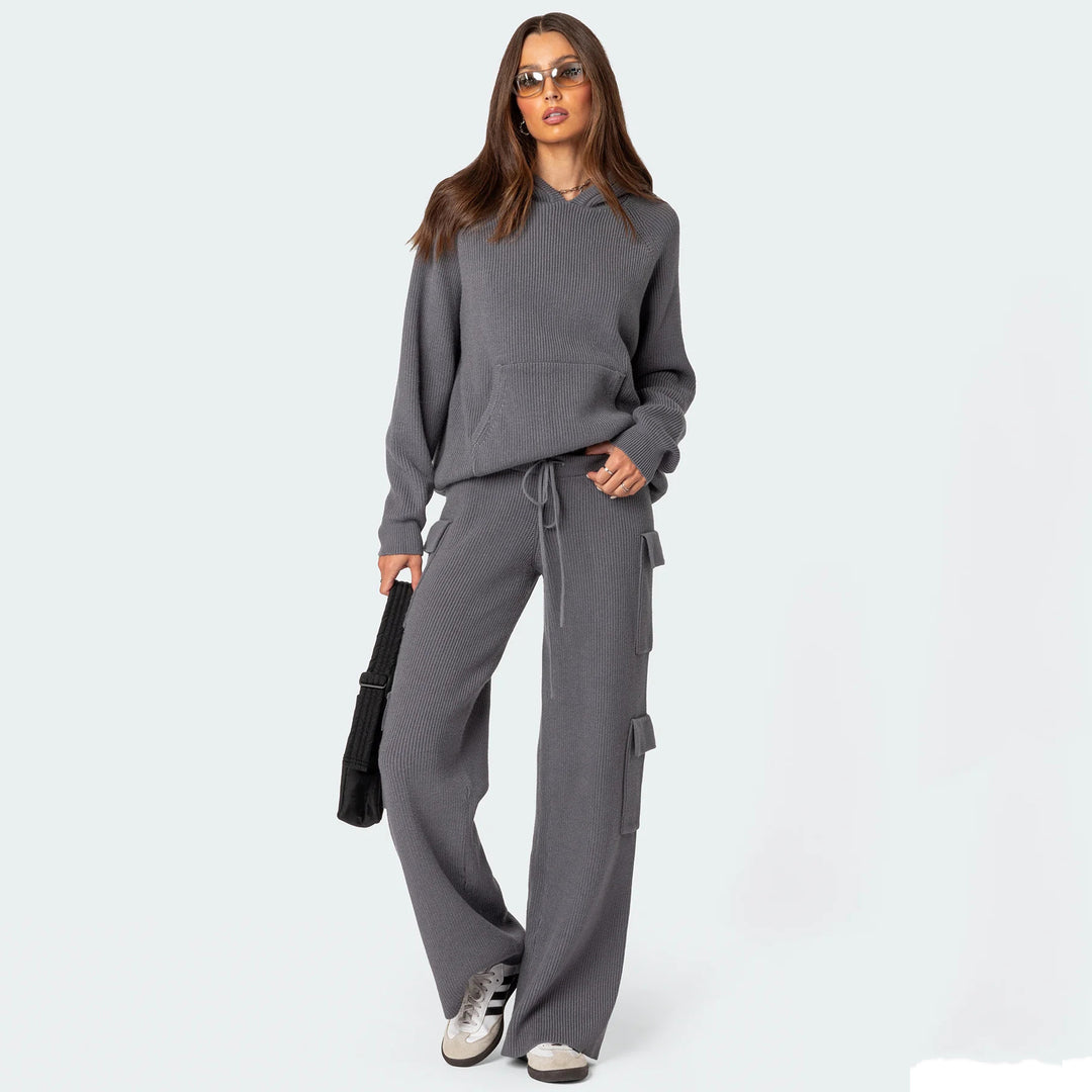 Damen nan gerippter Kapuzenpullover aus Feinstrick mit Kängurutasche und relaxed Fit Echo Archiv