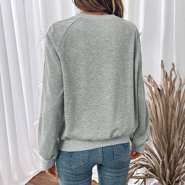 Damen Lässiges Sweatshirt mit Spitzenborte und Zierschleifen an Ärmeln Echoarchiv