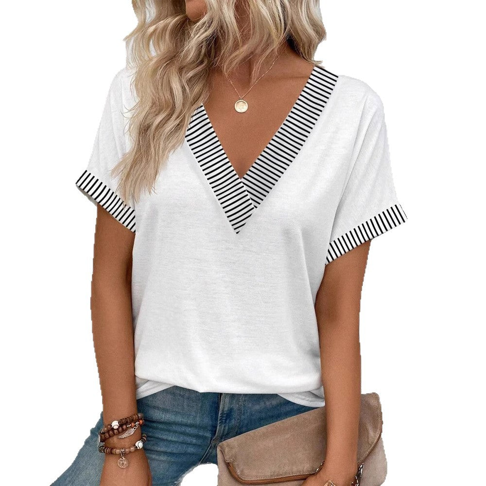 Damen nan lässiges T-Shirt mit tiefem V-Ausschnitt und gestreiften Kontrastblenden Echo Archiv