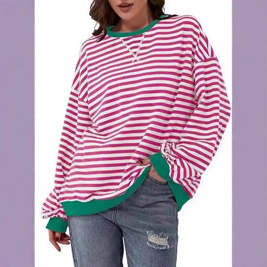 Damen Lässiges Oversize-Streifen-Sweatshirt mit Raglanärmeln und Kontrastbündchen – Mavelle