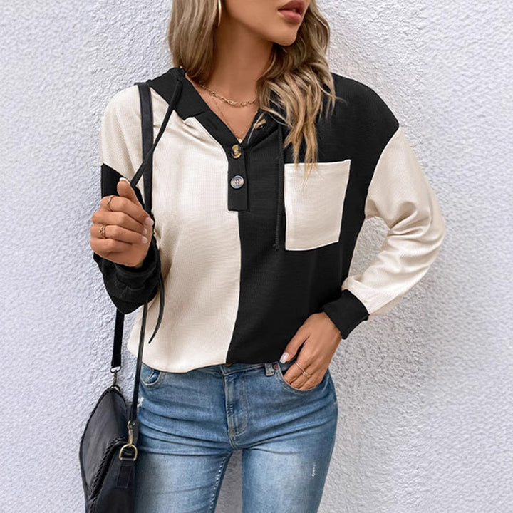 Damen nan Waffelstrick-Hoodie mit Henley-Knöpfen, Brusttasche und Kapuze Echo Archiv