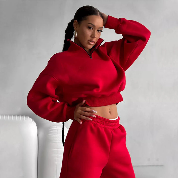 Damen Zweiteiliges Cropped-Halbzip-Sweatset mit Stehkragen und elastischer High-Waist-Jogginghose – Avérine