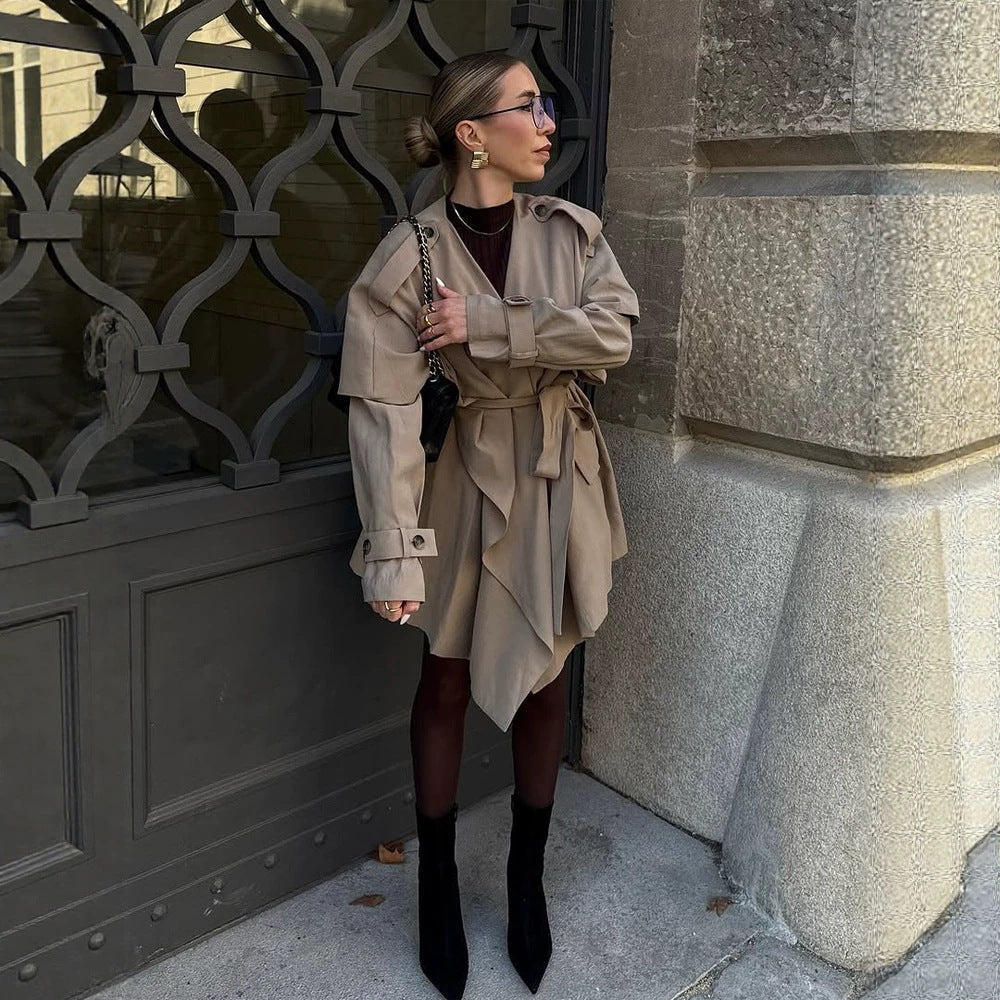 Damen Kurzer Asymmetrischer Wickelmantel mit Volant-Overlay und Bindegürtel Echoarchiv