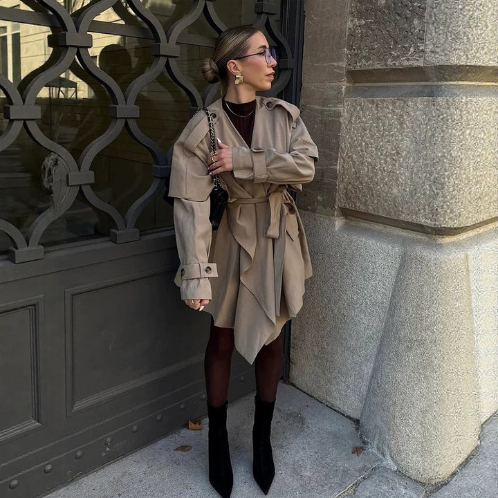 Damen Kurzer Asymmetrischer Wickelmantel mit Volant-Overlay und Bindegürtel Echoarchiv