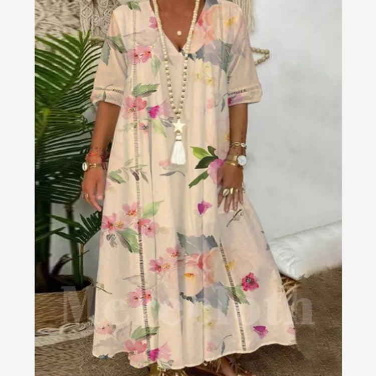 Damen nan locker fließendes Kaftan-Midimaxikleid mit V-Ausschnitt, ajourbesetzten Bahnen und leichter Leinenmisch-Qualität Echo Archiv
