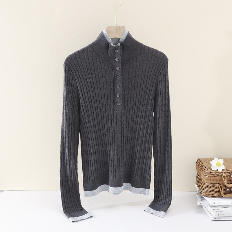 Damen Feinstrick-Polo-Pullover mit Rippstruktur, Stehkragen und Knopfleiste Echo Archiv