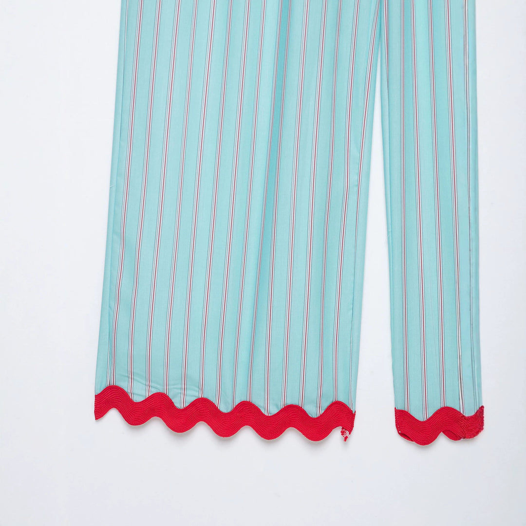 Damen Weite Culotte-Hose mit elastischem Bund, feinen Längsstreifen und Wellenkante Echoarchiv