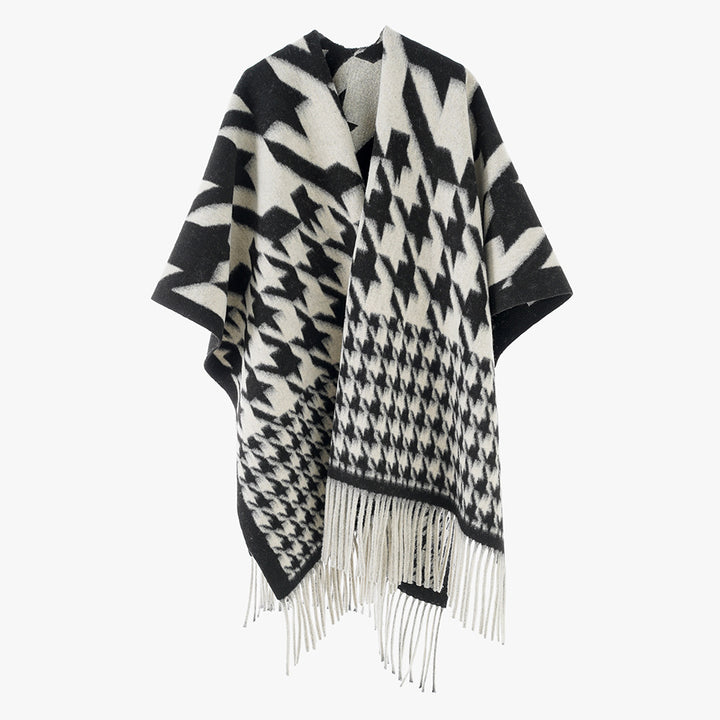 Damen Wollmix-Poncho mit Hahnentritt-Muster und Fransensaum – Célinea