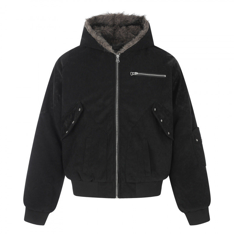 Unisex Oversize-gefütterte Kapuzen-Blousonjacke aus Velourslederimitat mit Teddyfutter Echo Archiv
