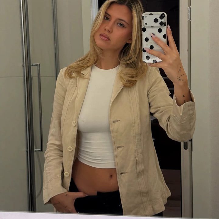 Damen Leichter strukturierter Leinenblazer mit Relaxed‑Fit, Ein-Knopf‑Verschluss & aufgesetzten Taschen Echoarchiv