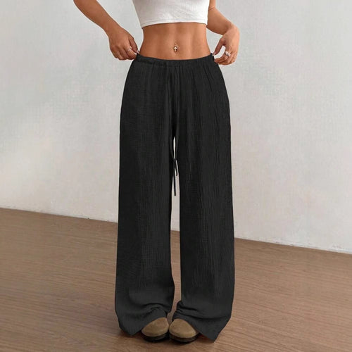 Damen weite Leinenoptik-Loungehose mit hohem Gummibund, Kordelzug & Crinkle-Struktur – Avérine