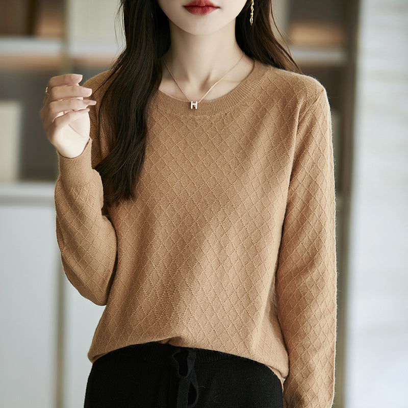 Damen Lässiger Feinstrickpullover mit dezentem Rautenmuster und gerippten Bündchen Echoarchiv