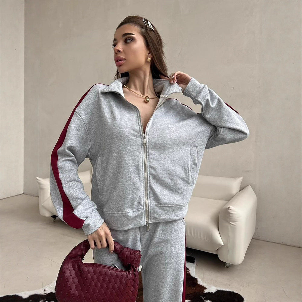 Damen Relaxed-Loungewear-Set mit kurzem Zip-Hoodie und weiter Palazzo-Jogginghose mit Seitenpaspel – Avérine