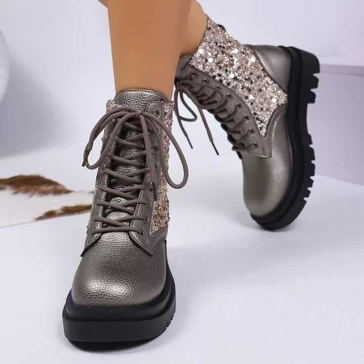 Damen glitzernde Schnür-Bikerboots mit robust profilierter Sohle und metallisch genarbter Oberfläche – Lioré