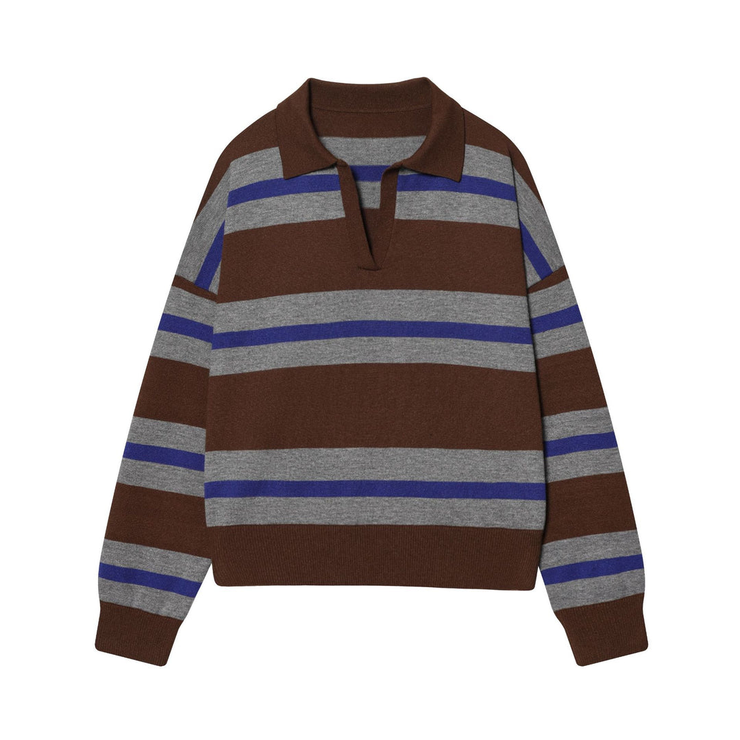 Damen gestreifter Rugby-Pullover mit Polokragen, offenem V‑Ausschnitt und breitem Rippbund – Mavelle