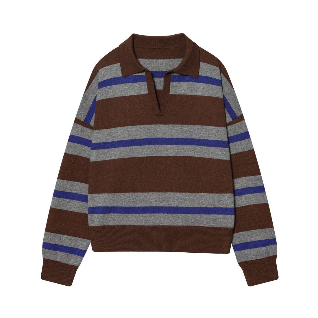 Damen gestreifter Rugby-Pullover mit Polokragen, offenem V‑Ausschnitt und breitem Rippbund – Mavelle
