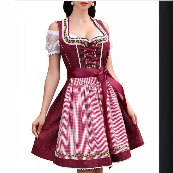 Damen traditionelles Dirndlkleid mit Spitzenärmeln Miederkorsage und geraffter Schürze – Élara