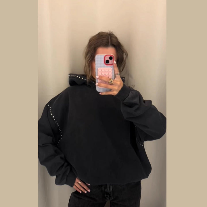 Damen Oversized Kapuzenpullover mit Nietenbesatz und Ballonärmeln Echo Archiv
