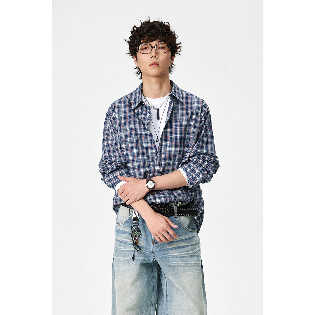 Herren Relaxed-Fit Karo-Hemd mit Kentkragen, abgerundetem Saum und Brusttasche Echoarchiv
