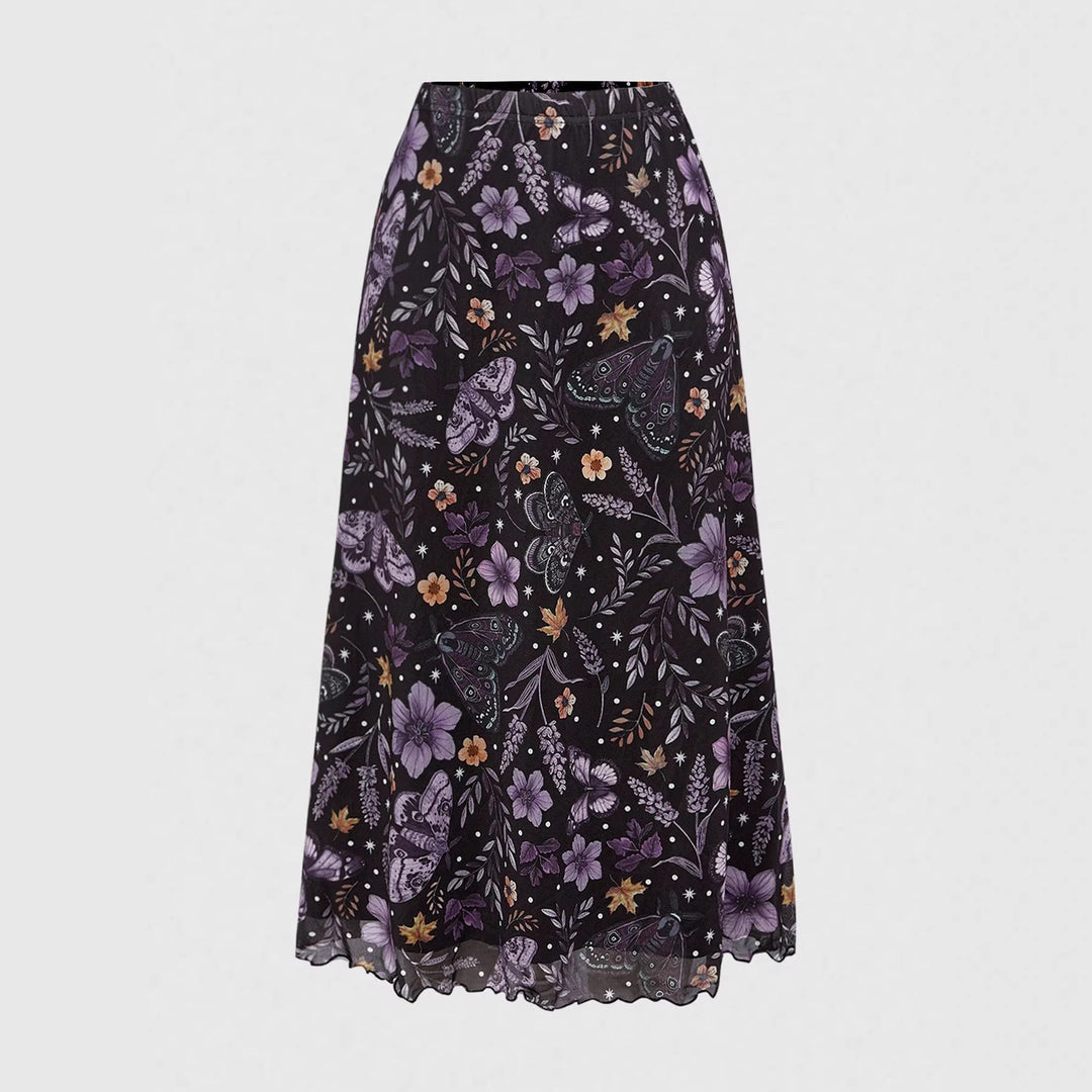 Damen Midirock aus Chiffon mit Blumen- und Schmetterlingsprint und elastischem Bund – Avérine