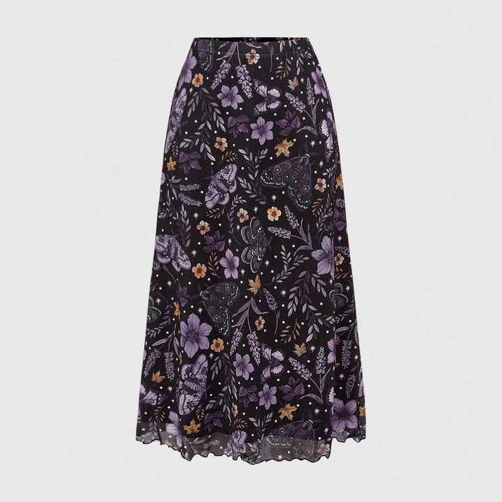 Damen Midirock aus Chiffon mit Blumen- und Schmetterlingsprint und elastischem Bund – Avérine