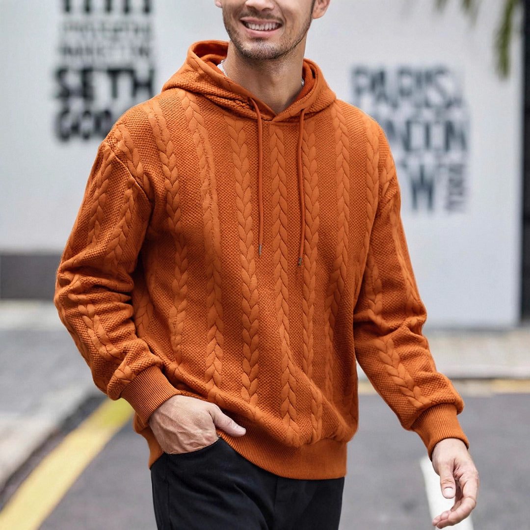 Herren strukturiertes Kapuzen-Sweatshirt mit Zopfstrick-Relief, Tunnelzug und Kängurutasche – Cavarno